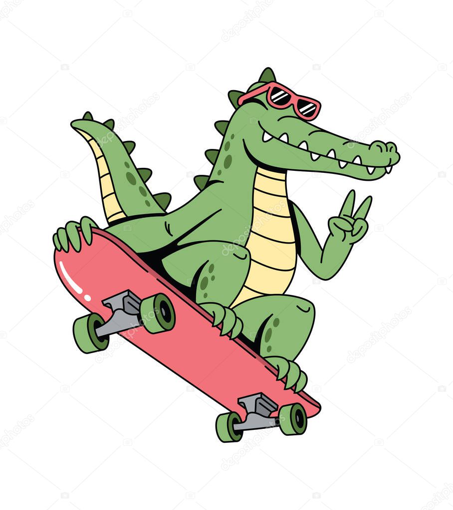Crocodile skateboard groovy cartoon illustration