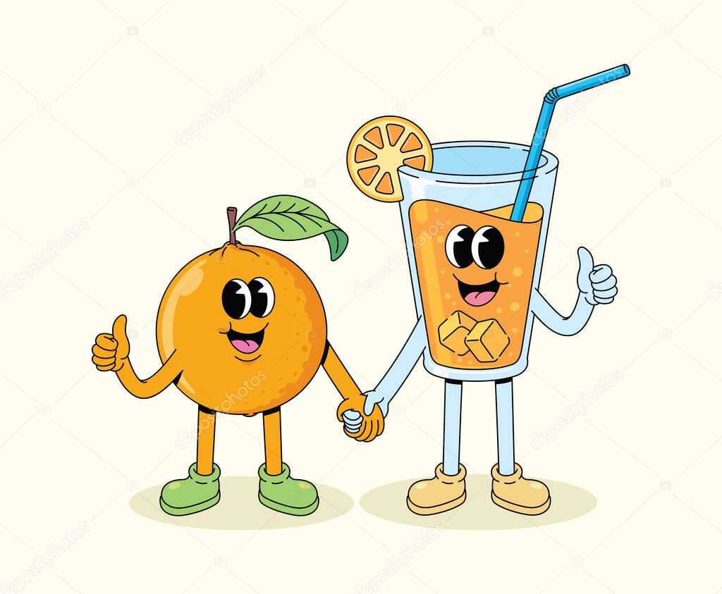 Orange and drink held hands groovy cartoon illustration