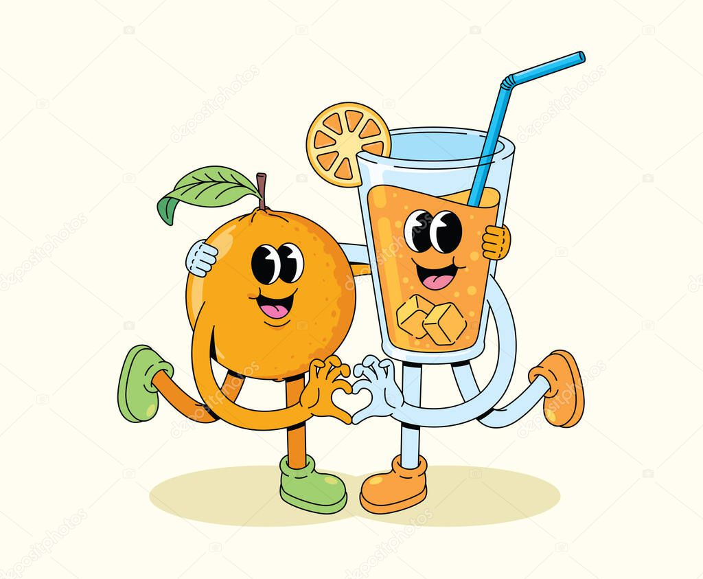 Orange and drink love sign groovy cartoon illustration