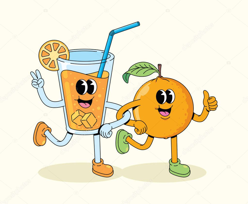Orange and drink walk together groovy cartoon illustration