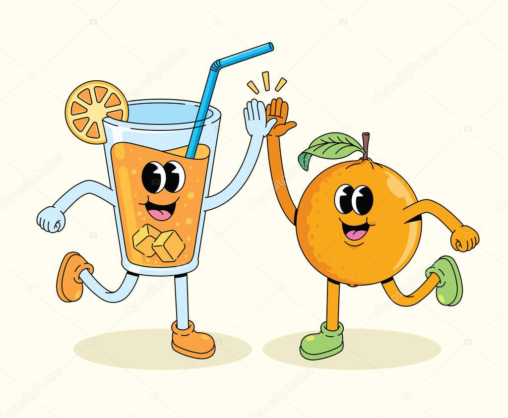 Orange and drink high five groovy cartoon illustration