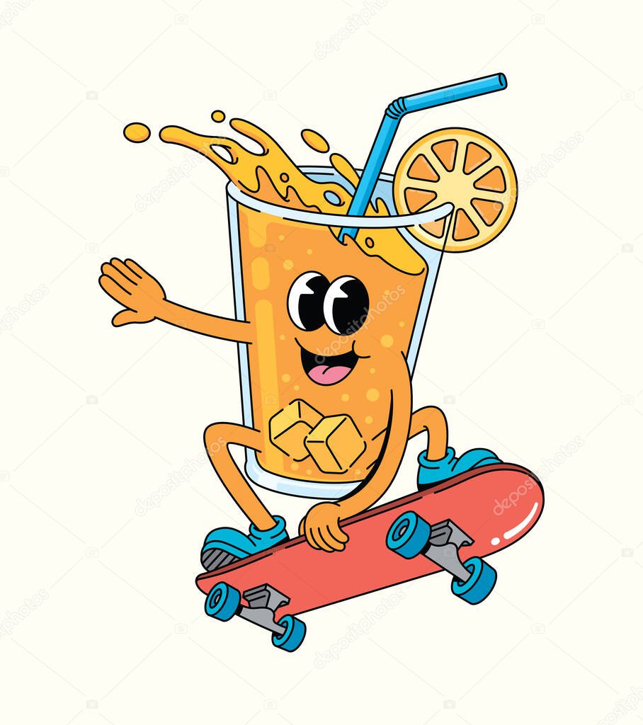 Orange drink skateboard groovy cartoon illustration