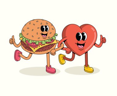 Aşk ve hamburger karakteri çizgi film illüstrasyonu