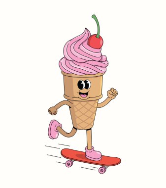 Dondurma külahı kaykay harika çizgi film illüstrasyonu