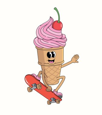 Dondurma külahı kaykay harika çizgi film illüstrasyonu