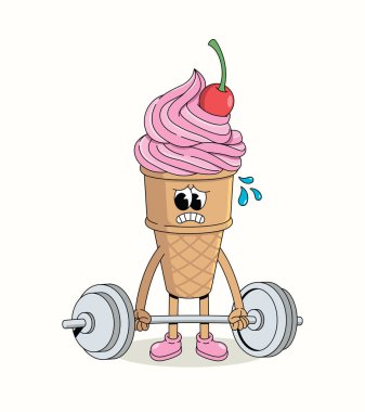 Dondurma külahı, halter kaldırma, harika çizgi film çizimi.