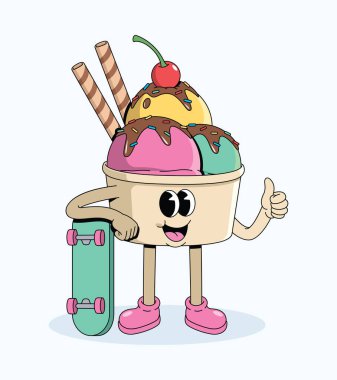 Dondurma fincanı kaykayı harika bir çizgi film illüstrasyonunu destekliyor