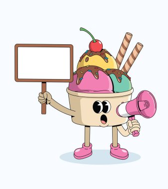 Dondurma fincanı megafon moda çizgi film illüstrasyonu