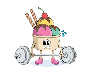 Dondurma fincanı halter kaldırma gibi harika bir çizgi film çizimi.