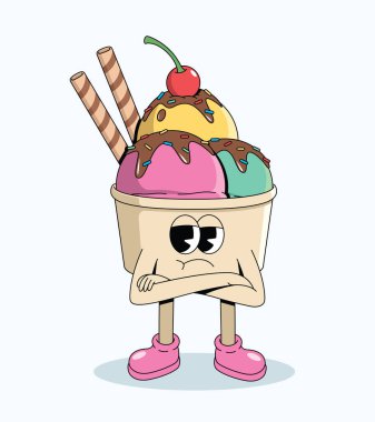 Dondurma fincanı kollarını kavuşturdu. Çizgi film çizimi.