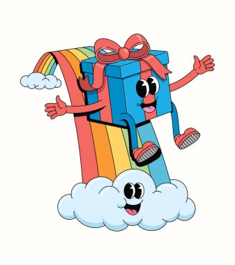 Hediye kutusu gökkuşağı slayt harika çizgi film illüstrasyonu