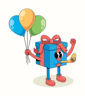 Hediye kutusu tutuşu balon harika çizgi film çizimi