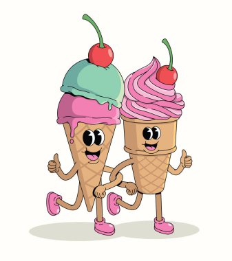 Renkli dondurma külahı birlikte harika bir çizgi film çizimi.