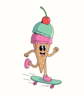 Renkli dondurma külahı yürüyüş kaykaylı harika çizgi film illüstrasyonu