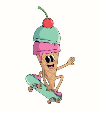 Renkli dondurma külahı tarzı kaykay harika çizgi film illüstrasyonu