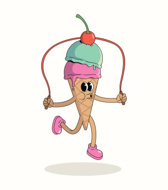 Renkli dondurma külahı ip atlama, çizgi film çizimleri.