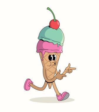 Renkli dondurma külahı enerjik yürüyüş stili çizgi film çizimi