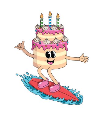 Doğum günü pastası sörf stili harika çizgi film illüstrasyonu