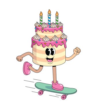Doğum günü pastası kaykayı yürüyüşü çizgi film illüstrasyonu