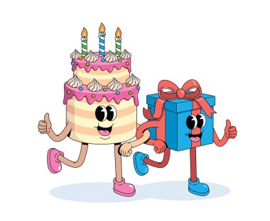 Doğum günü pastası ve hediye kutusu harika çizgi film illüstrasyonu