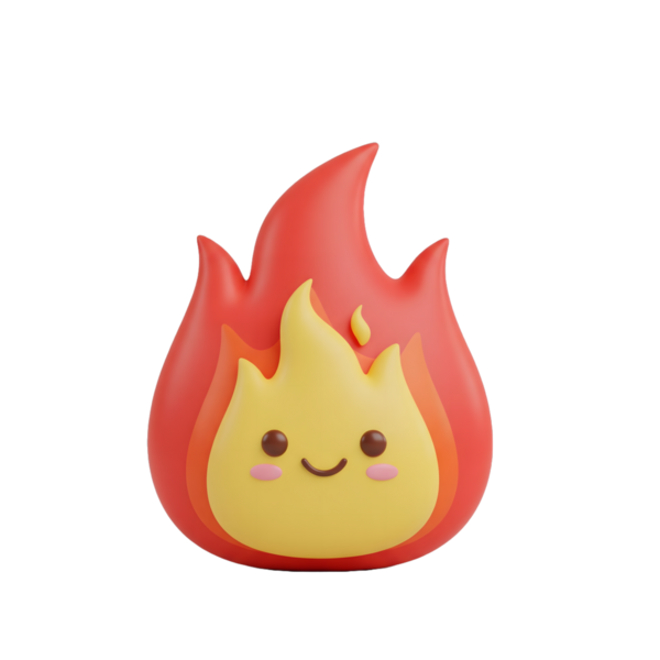 Sevimli 3D Kawaii Ateş Karakteri Gülen Suratlı Çizim