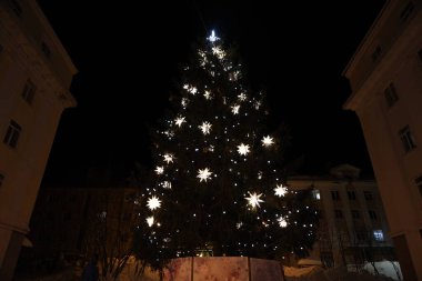 Şehirde gece vakti parlak ışıkları olan Noel ağacı.