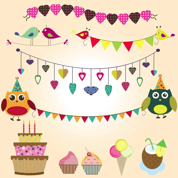 Set of elements birthday with owls — Stock Vector