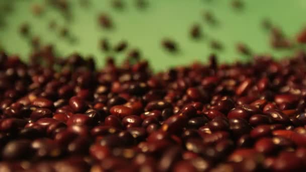 Brown beans on a green background. Slow motion. Close-up. Horizontal pan. 3 Shots — Stock Video