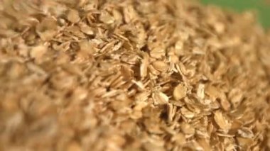 Yeşil bir arka plan üzerinde yulaf ezmesi. Ağır çekim. Yakın çekim. Dikey pan. 2 çekim