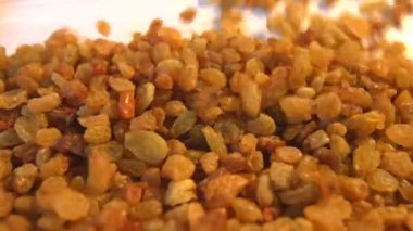 Bej (doku tablo, yüzey) arka plan üzerinde kuru üzüm. 2 tekila. Yatay pan. Yakın çekim.