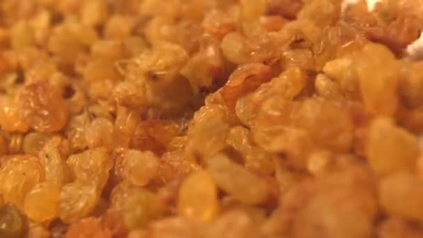 Raisins on a beige (texture table surface) background. Slow motion. 2 Shots. Vertical pan. Close-up. — Stock Video