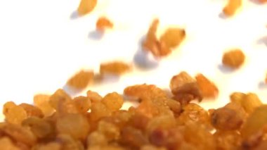 Beyaz arka planda kuru üzüm. Yavaş çekim. 2 atış. Yatay kaydırma. Close.