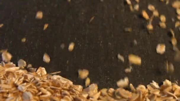 Oatmeal on a black background. 2 Shots. Slow motion. Close-up. — Stock Video