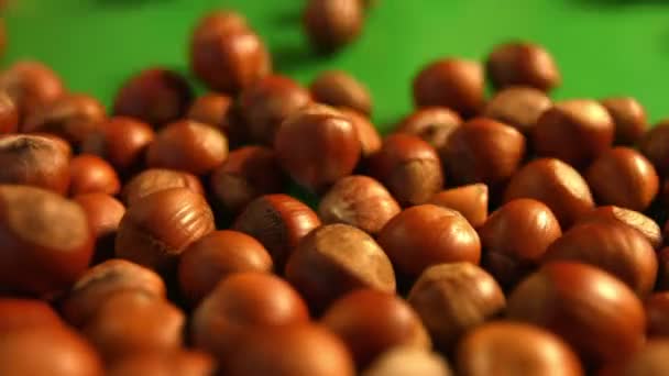 Hazelnuts on a green background. 2 Shots. Vertical pan. Close-up. — Stock Video