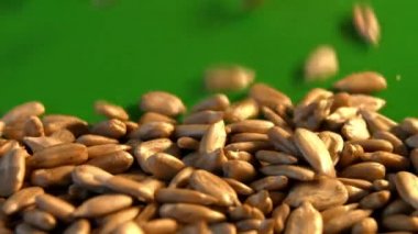 Yeşil bir arka plan üzerinde Ayçekirdeği kabuklu. Ağır çekim. Yakın çekim. Yatay pan. 2 çekim