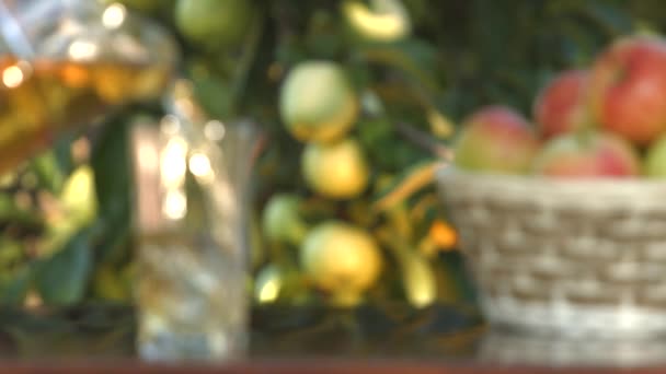 Яблочный сок и корзина с яблоками на фоне выращивания яблок. Медленное движение. Фокус в \ фокус вне. — стоковое видео