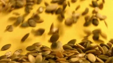 Sarı bir arka plan üzerinde kabak çekirdeği kabuklu. Ağır çekim. Yakın çekim. Yatay pan. 2 çekim