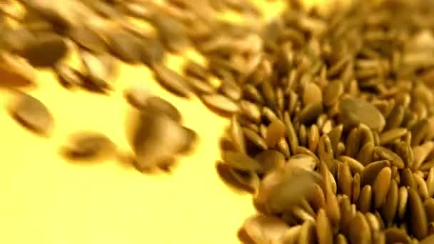 De geschilde pompoen zaden op een gele achtergrond. Slow-motion. Close-up. Verticale pan. 2 shots — Stockvideo