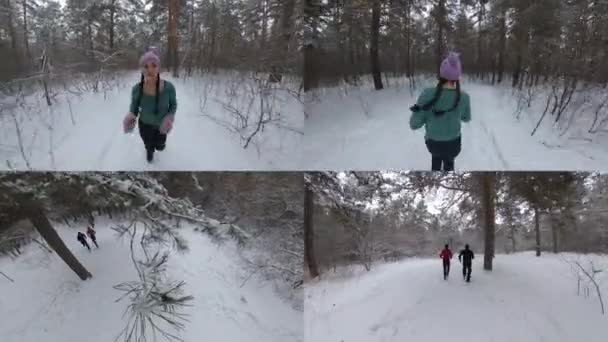 Jogging Dans Forêt Hiver Mélange Quatre Vidéos Une Fille Deux — Video