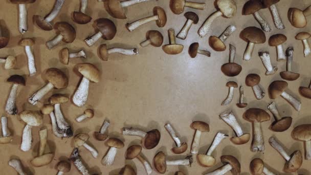 Mushrooms Brown Wooden Background Flat Lay Male Hands Put Basket — Stock Video