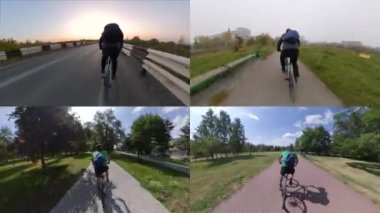 Bisiklet sürmek. 4 video kolajı. Arkadan bak. 1, 2 (top): Bisikletçi sonbaharda parktaki otoyolda ve yolda gider. 3, 4 (alt): Bisikletçi yaz aylarında parkta yol alır.