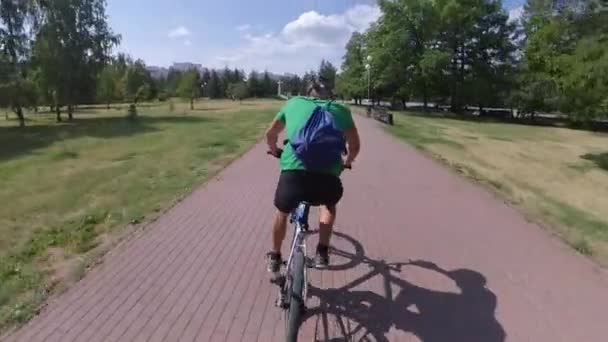 公園でのサイクリング サイクリストは木の間の道を走る カメラは彼を追いかけ 背後から彼を捉える — ストック動画