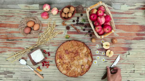 Pai Apel Lay Tangan Laki Laki Datar Memotong Sepotong Apel — Stok Video
