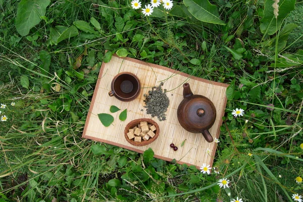 Doğada çay. Düz yatıyordu. Bambu peçetesinde kurutulmuş yeşil çay. Ayrıca nane yaprakları, birkaç kiraz ve baston şeker küpleri de var..