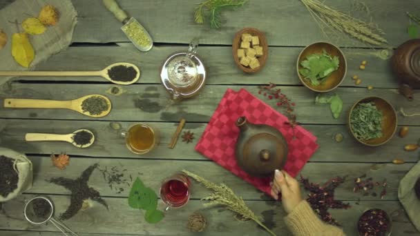 Eski Ahşap Bir Masada Çay Düz Yatıyordu Farklı Çay Çeşitleriyle — Stok video