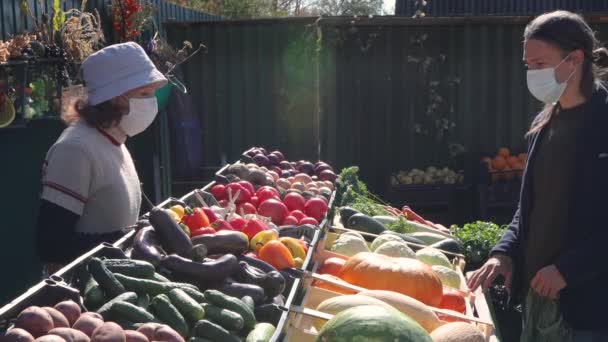 Pompoenen Kopen Markt Een Man Koopt Een Kleine Pompoen Boerenmarkt — Stockvideo