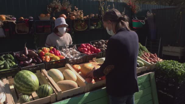 Buying Pumpkins Market Slow Motion Man Buys Pumpkin Woman Seller — Stock Video