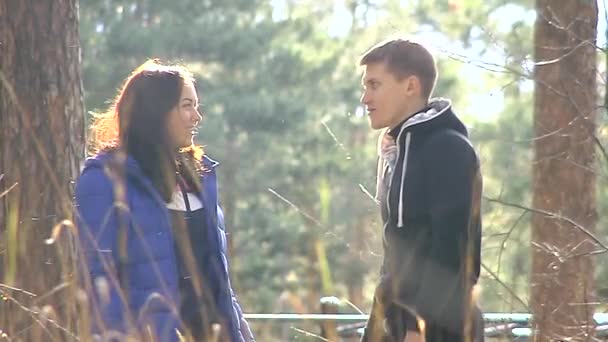 A conversa de um jovem casal na floresta . — Vídeo de Stock