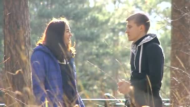 Joven hombre y mujer hablando en el parque. — Vídeos de Stock