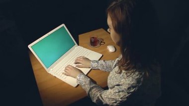 Genç kız bir dizüstü bilgisayarda çalışıyor. Yeşil ekran